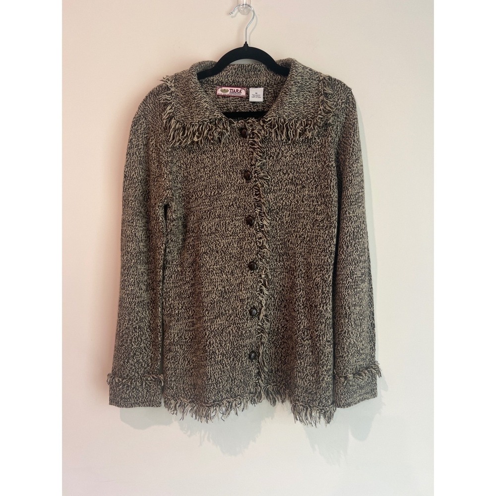 Vintage TIARA INTERNATIONAL Women's Knit‎ Cardigan Sweater Fringe Trim
